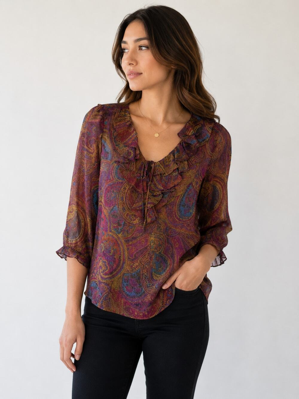 Lauren Ralph Lauren Blouse Petite Small Multicolor Paisley Chiffon Ruffle V Neck